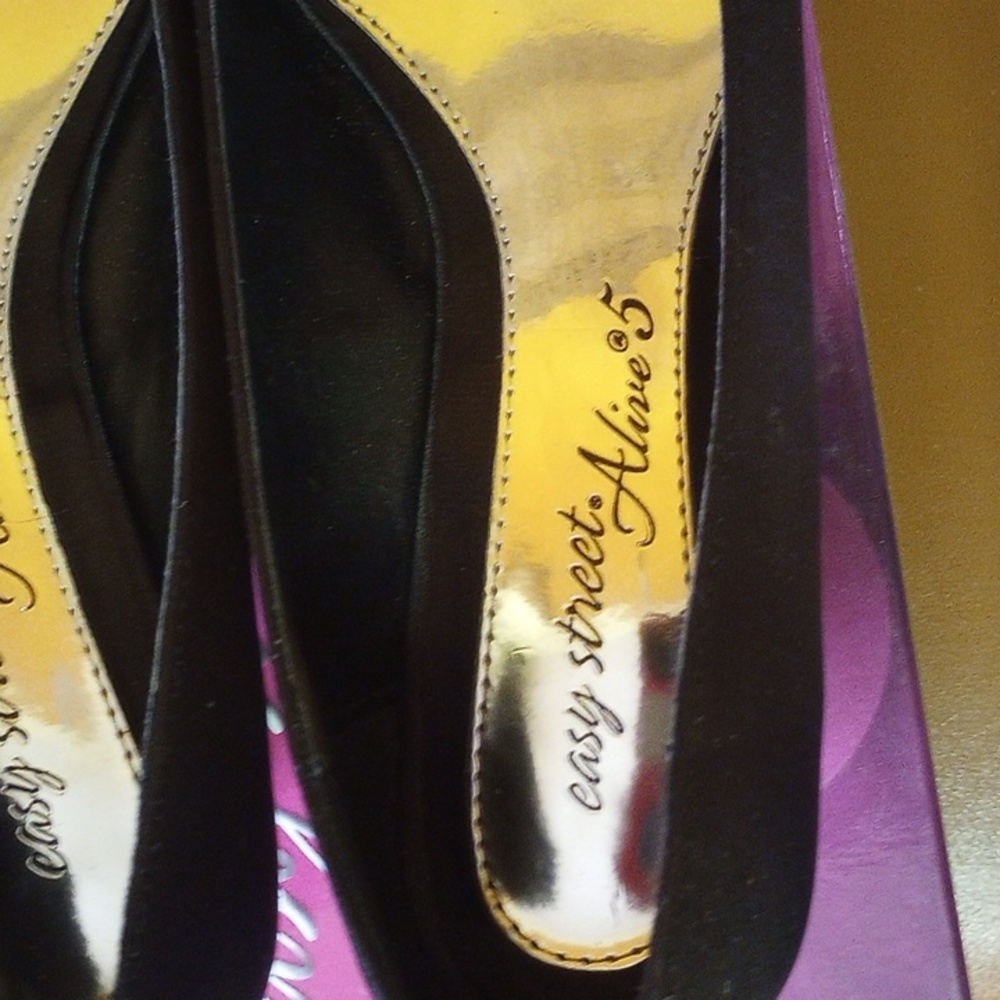 Easy Street Alive 5 Lunari Black Open Toe Satin Heels, Rhinestones, Leather Sole - Picture 7 of 9